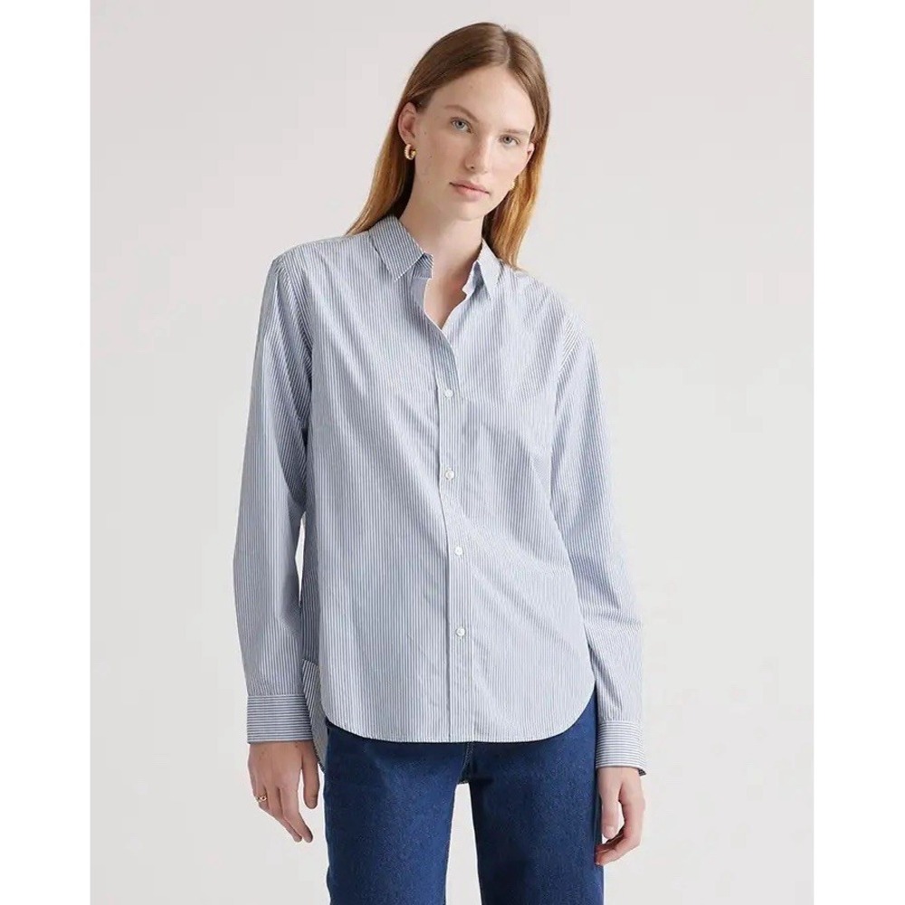 Quince Organic Cotton Poplin Long Sleeve Button Up Shirt Light Blue Stripe S